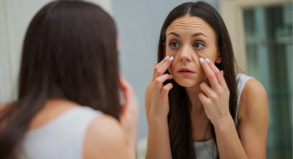 Una mujer preocupada mirándose al espejo, tocando sus ojos, simbolizando el envejecimiento prematuro y el impacto del estrés en la piel.